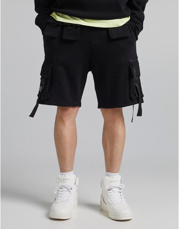 Bershka Multipocket Cargo Shorts In Black