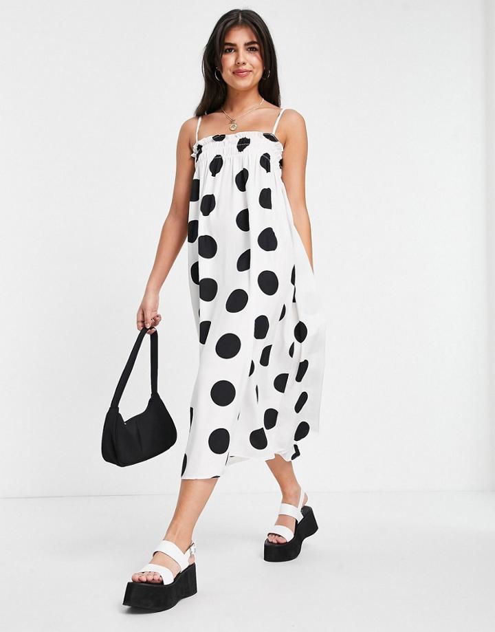 Lola May Shirred Midaxi Cami Smock Dress In Polka Dot-white