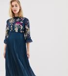 Asos Design Maternity Embroidered Pleated Midi Dress With Fluted Sleeve - Navy