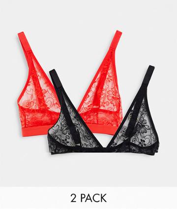 Tutti Rouge Fuller Bust 2-pack Lace Triangle Bralettes In Red And Black-multi