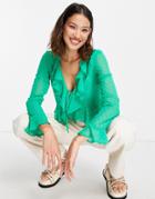 Asos Design Textured Sheer Long Sleeve Blouse With Ruffle Detail In Green