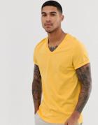Asos Design T-shirt With V Neck And Roll Sleeve In Yellow