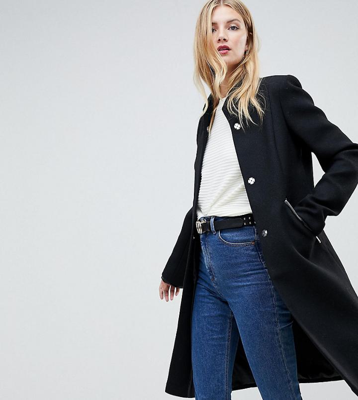 Asos Design Tall Smart Funnel Neck Coat With Contrast Trim - Black