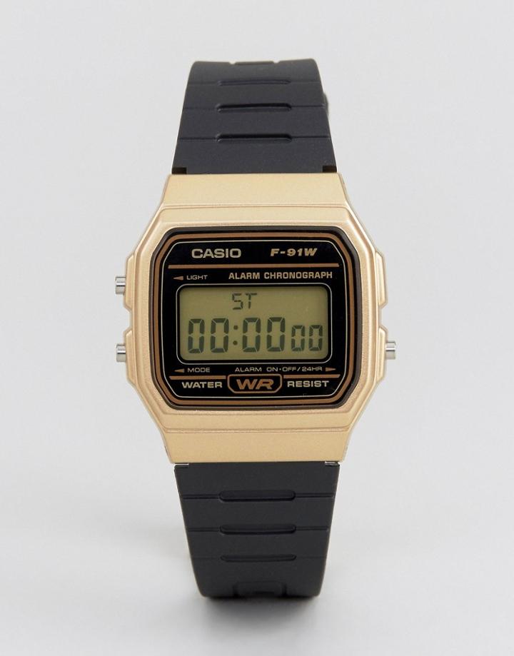 Casio Digital Silicone Strap Watch In Black/gold F91wm-9a - Black