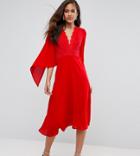 John Zack Tall Lace Panel Midi Skater Dress With Cape Detail-red