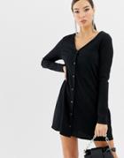 Boohoo Ribbed Button Through Mini Dress In Black - Black