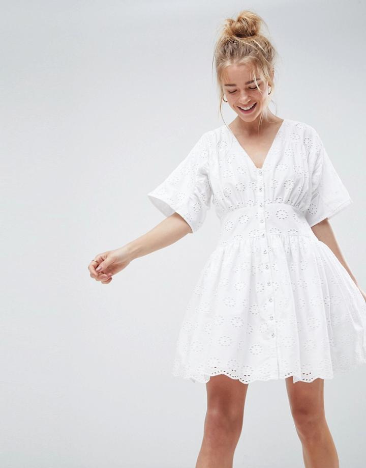 Asos Design Broderie Casual Tea Mini Dress-white