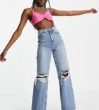 Asos Design Tall High Rise 'relaxed' Dad Jeans Brightwash With Rips-blues