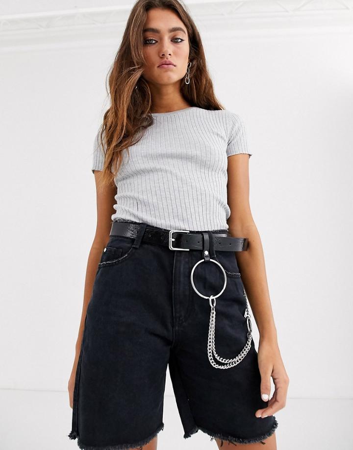 Bershka Ribbed Knitted Short Sleeve Top In Gray