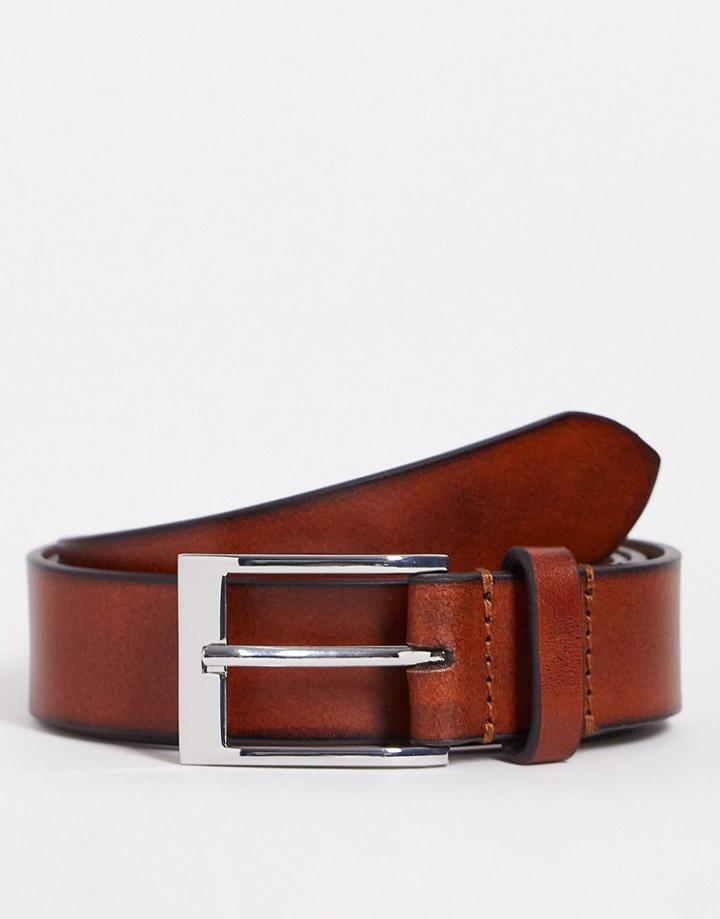 Asos Design Smart Leather Belt With Burnished Edge In Brown