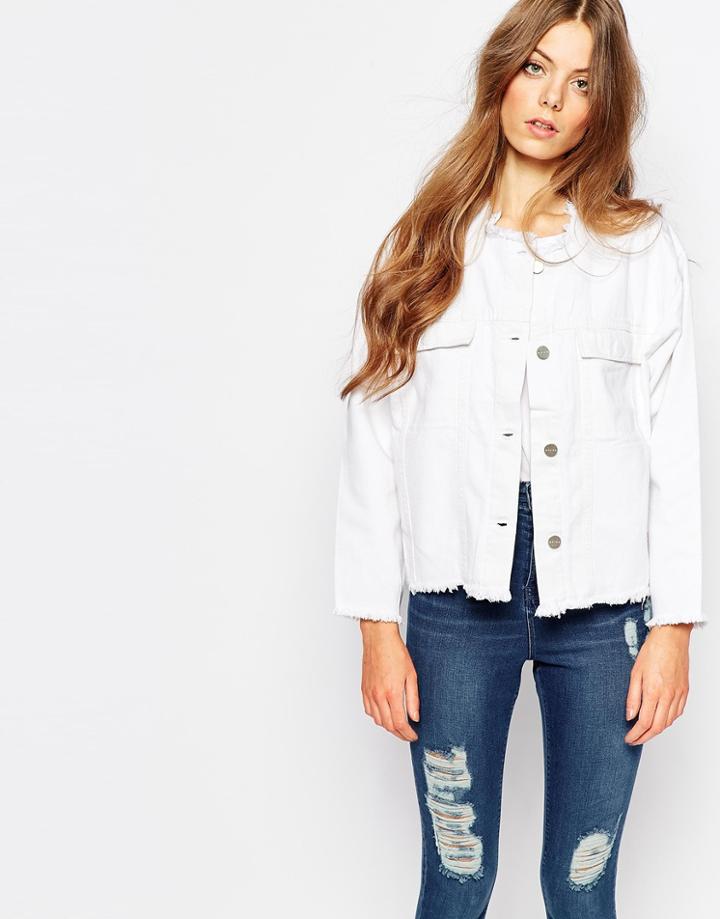 Waven Hanna Crop Denim Jacket With Raw Edge Detail - White
