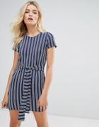 Daisy Street Striped T-shirt Dress With Tie Waist - Blue