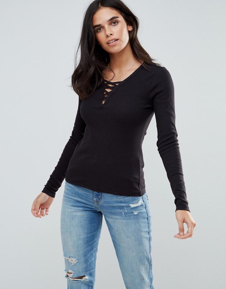Only Rib Lace Up Chest Long Sleeved Top - Black