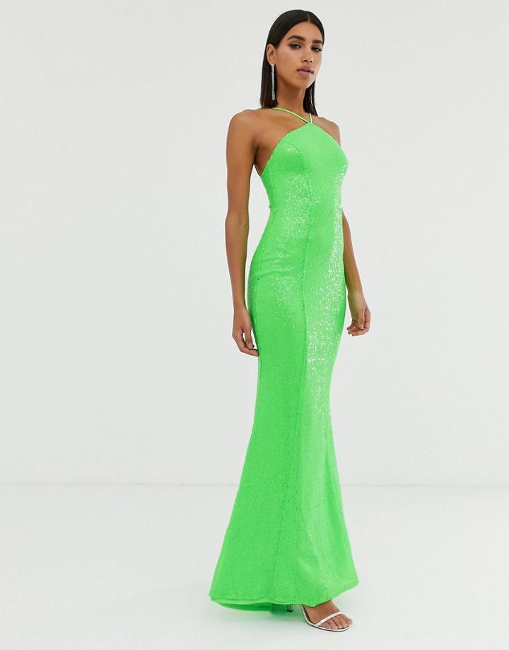 Goddiva Backless Sequin Dress In Lime - Green