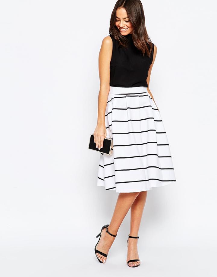 Liquorish Striped Midi Skater Skirt - White