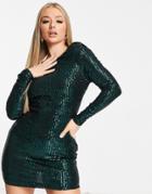Club L Sequin Mini Dress With Deep Cowl Back In Emerald Green
