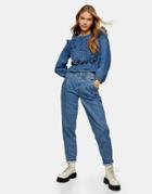 Topshop Mom Jeans With Seam Detail In Mid Blue