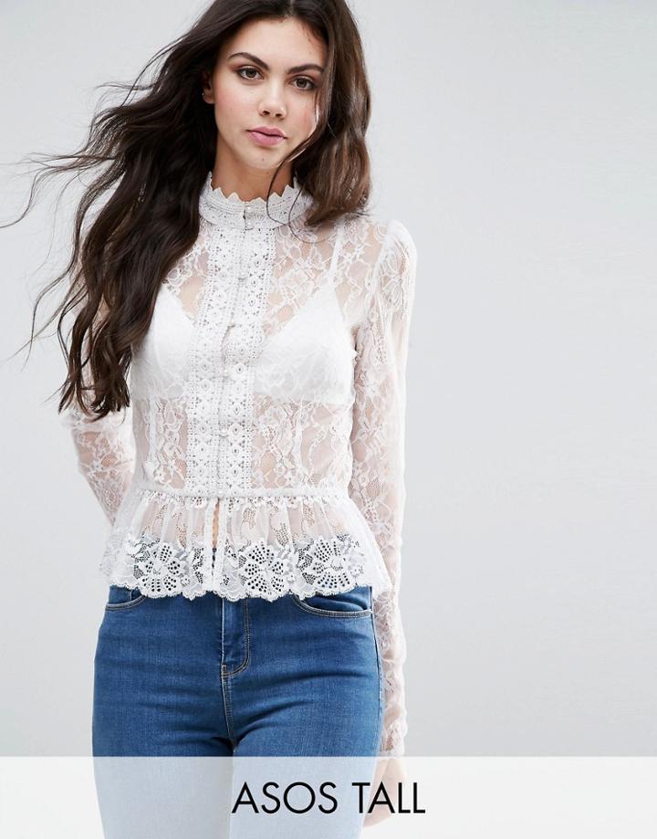 Asos Tall Top In Lace With Button Font And Peplum Hem - Cream