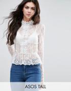 Asos Tall Top In Lace With Button Font And Peplum Hem - Cream