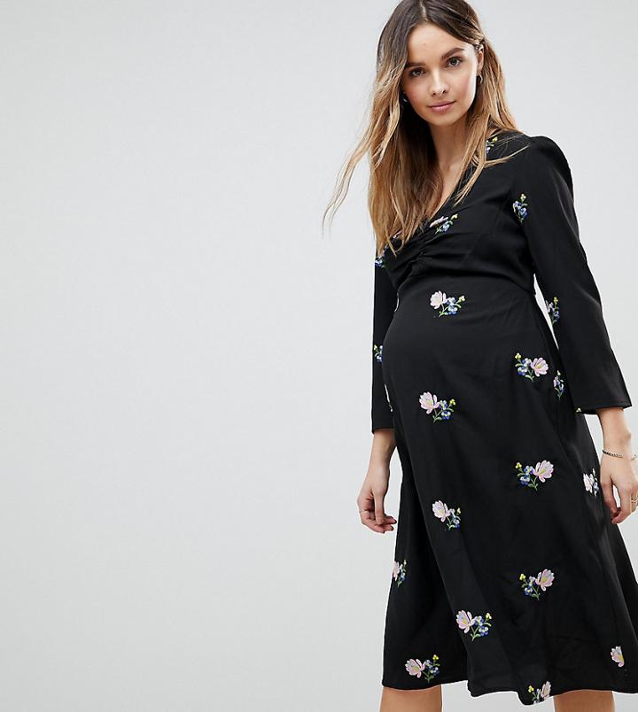 Asos Maternity Floral Embroidered Midi Tea Dress-black