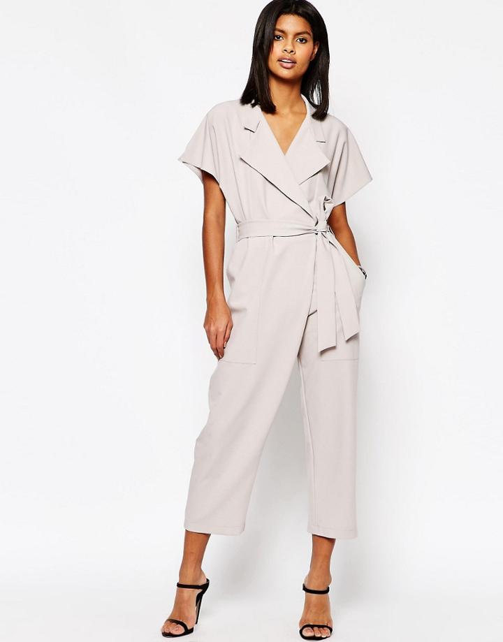 Asos Wrap Front Jumpsuit With Tie Waist - Silver
