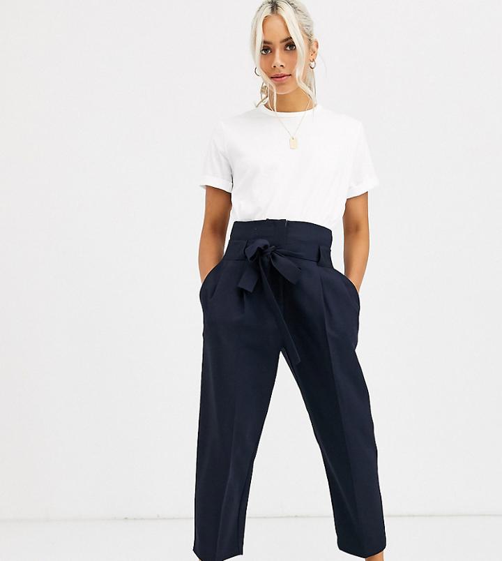 Asos Design Petite Tailored Tie Waist Tapered Ankle Grazer Pants-navy