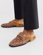 Asos Design Backless Mule Loafer In Brown Faux Leather With Print And Faux Fur Insock