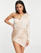 Lavish Alice Draped One Sleeve Mini Dress In Champagne-gold