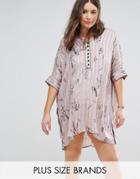 Religion Plus Stripe & Floral Longline Shirt Dress With Contrast Piping - Pink