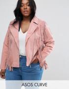Asos Curve Suede Biker Jacket In Fringe - Pink
