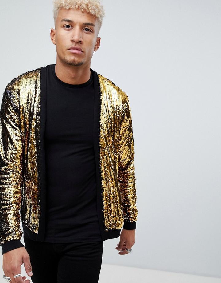 Asos Design Knitted Sequin Cardigan With Gold And Black Sequins