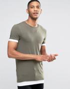 Asos Longline Muscle T-shirt With Contrast Cuff And Hem In Khaki - Gre