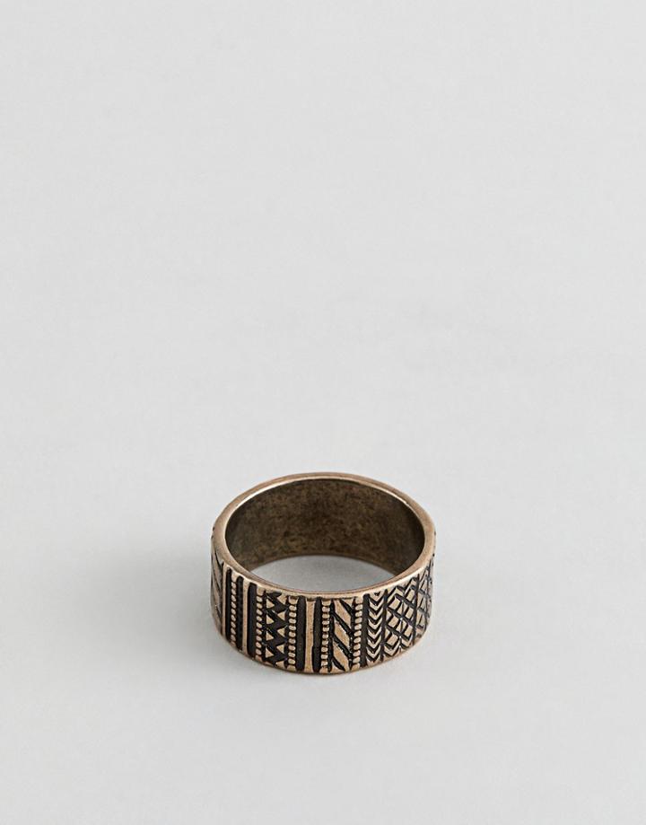 Asos Design Geo-tribal Ring In Burnished Gold - Gold
