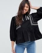 Asos Cotton Victoriana Top With Contrast Lace Detail - Black