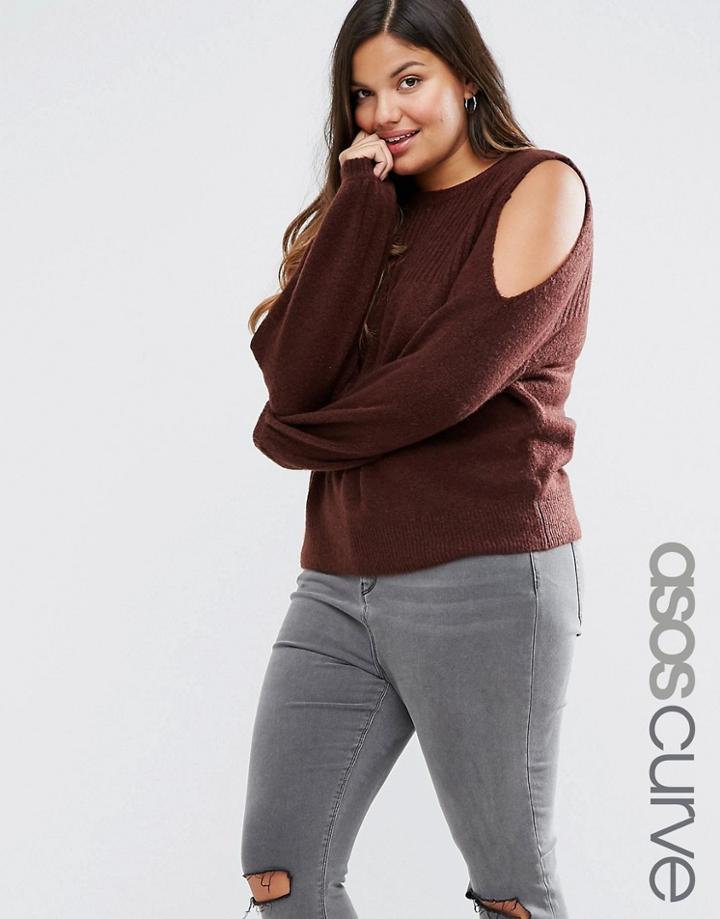 Asos Curve Sweater In Rib With Cold Shoulder - Brown