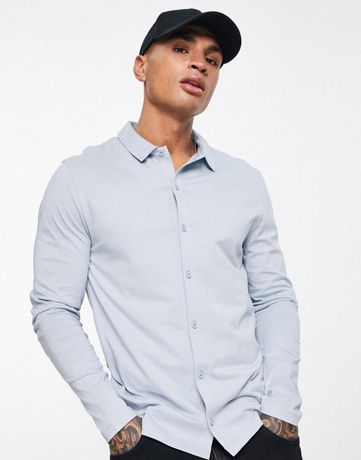 Asos Design Long Sleeve Button Through Jersey Shirt In Blue