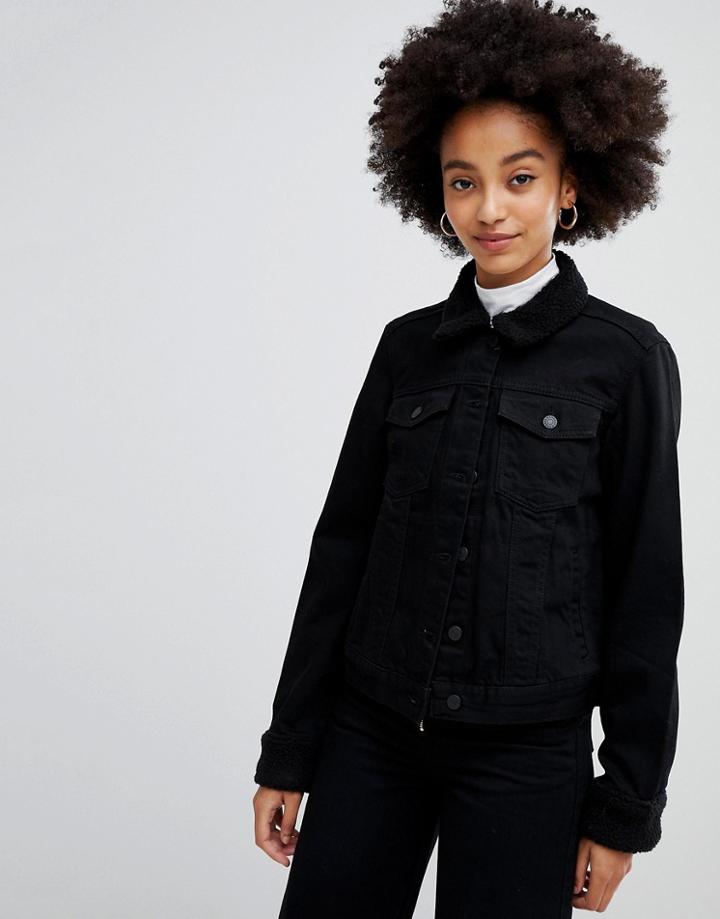 Chorus Boxy Denim Jacket With Teddy Trims - Black