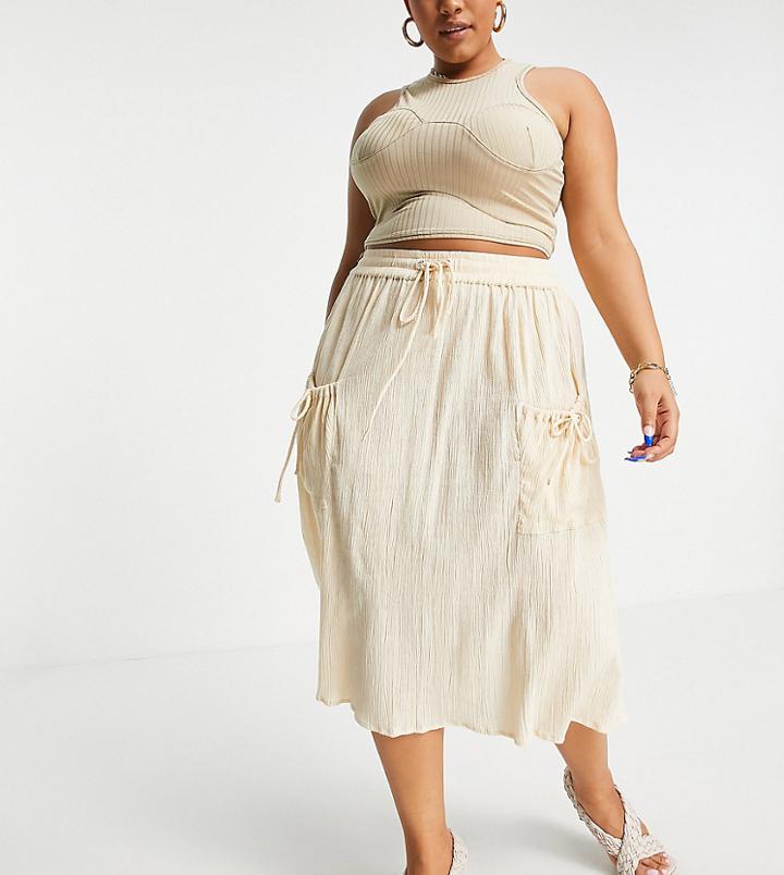 Asos Design Curve Midi Skirt With Drawstring Waist In Natural Crinkle In Cream-white