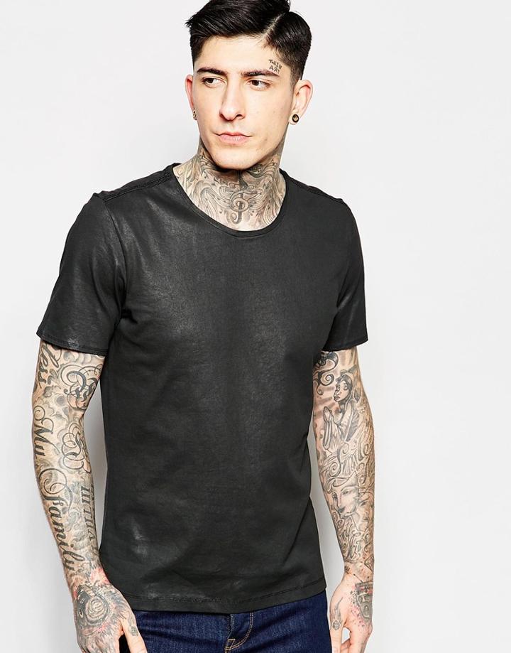 Sisley Waxed Cotton T-shirt With Scoop Neck - Black