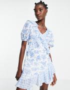 River Island Frill Asymmetric Floral Mini Dress In Blue