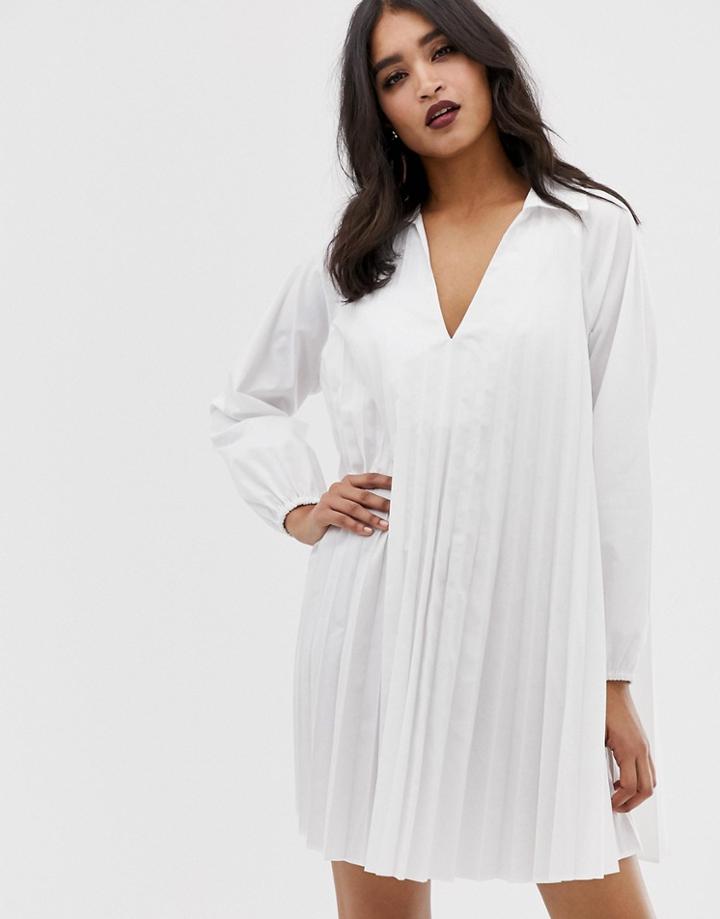 Asos Design Pleated Long Sleeve Cotton Swing Mini Dress - White