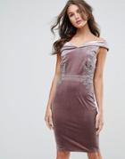 Little Mistress Velvet Off The Shoulder Dress - Beige