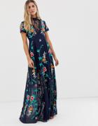 Frock And Frill Plunge Front Embroidered Maxi Dress With Lace Inserts In Navy - Navy