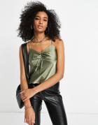 Topshop Ruched Front Cami In Khaki-green