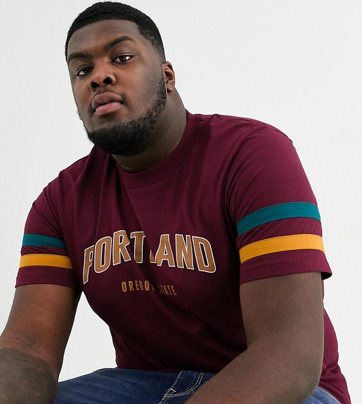 Asos Design Plus T-shirt With Sleeve Stripe And City Print In Burgundy-purple