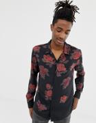 Allsaints Revere Collar Shirt With Rose Print - Black