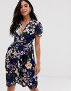 Qed London Collared Midi Dress In Navy Floral - Navy