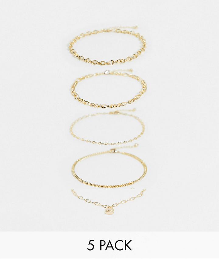 Asos Design 5-pack Anklets With Baby Padlock And Mixed Chains In Gold Tone