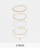Asos Design 5-pack Anklets With Baby Padlock And Mixed Chains In Gold Tone