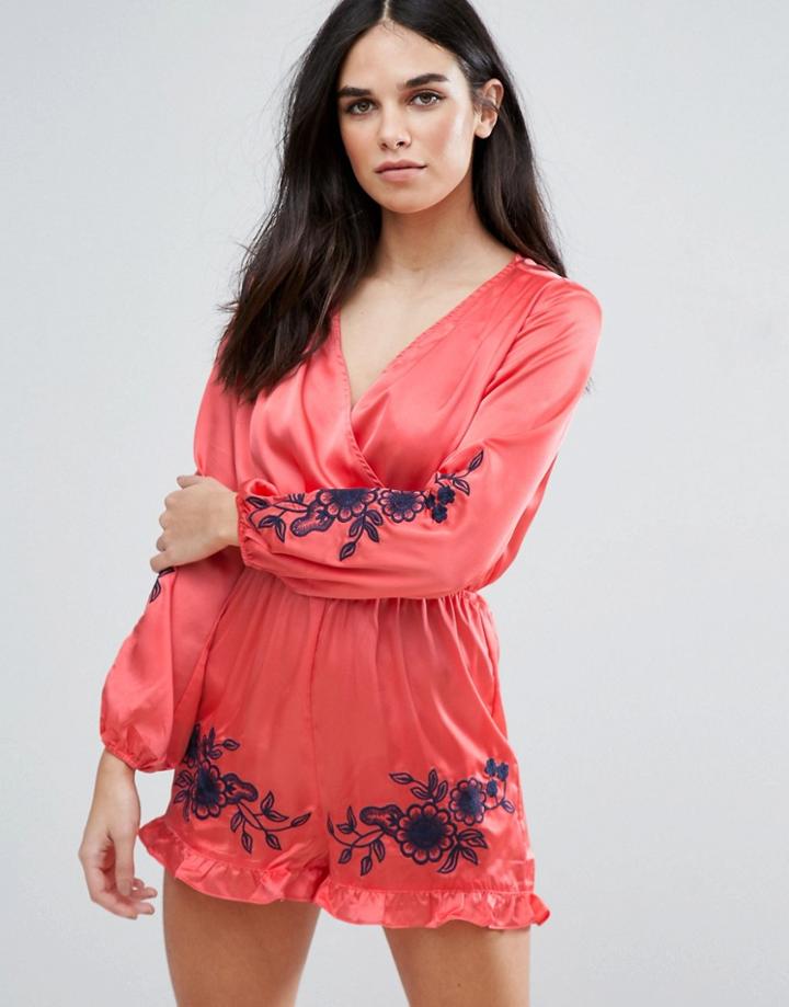 Love & Other Things Long Sleeve Romper With Floral Border - Red
